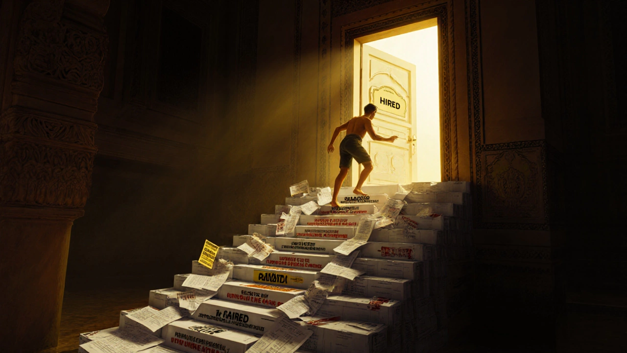 A person climbing a staircase made of job applications toward a glowing door labeled &#039;Hired&#039;, leaving behind fake promises.