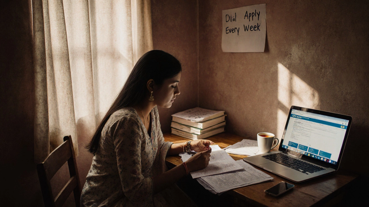 A young woman studying government job materials at home with sunlight streaming in, surrounded by past papers and notes.