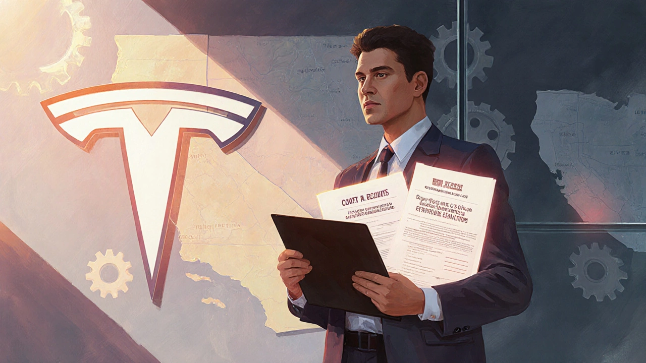 Applicant holding document folder in front of Tesla logo with California map background.