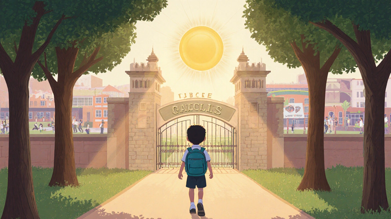 Child walking toward a welcoming school gate symbolizing choosing the right school.