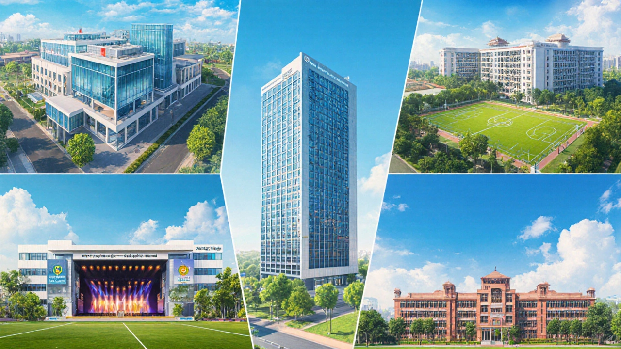 Collage of five top CBSE school campuses highlighting their unique facilities.
