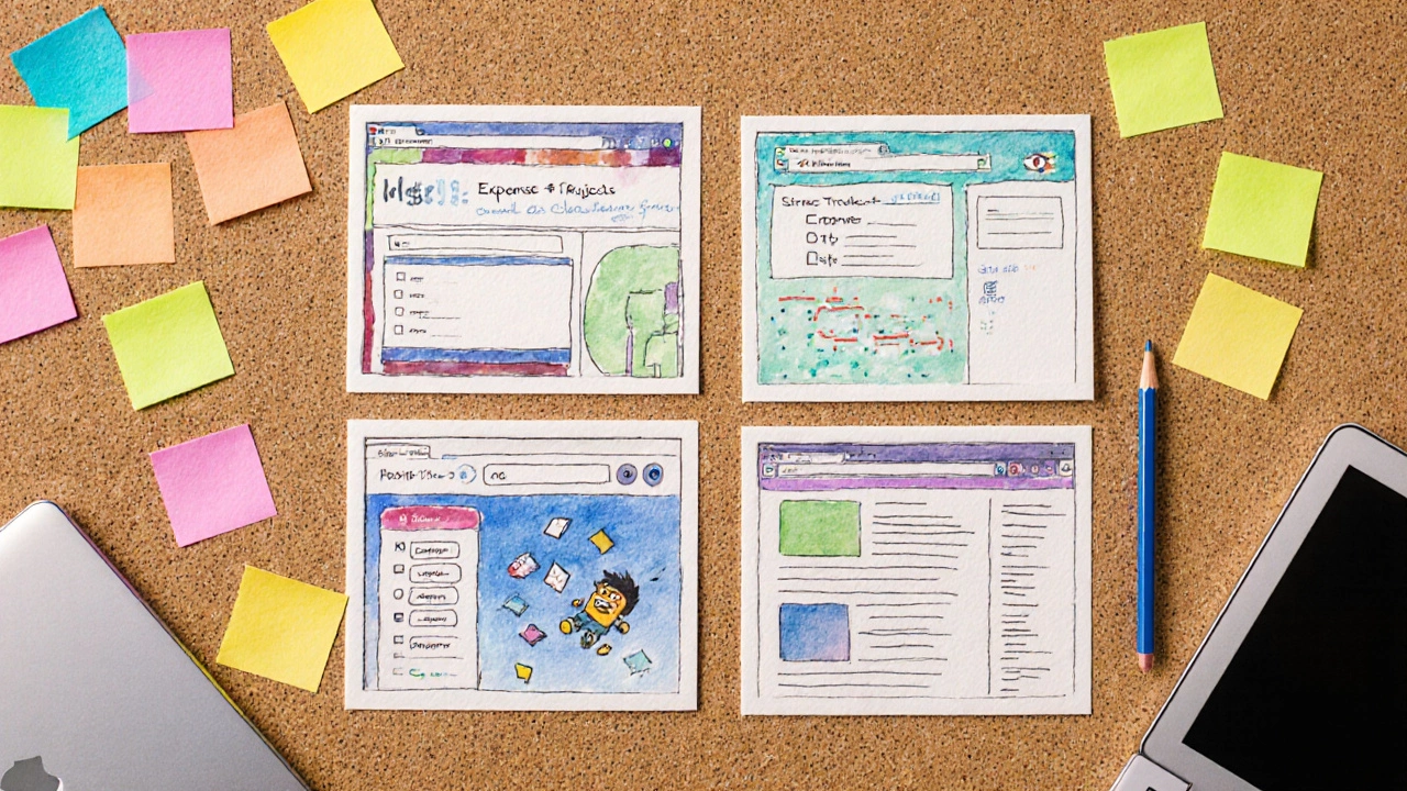 Collage of simple project screens – a Python expense tracker, a JavaScript to‑do list, a Unity game, and a Ruby blog – displayed on laptops and sticky notes.