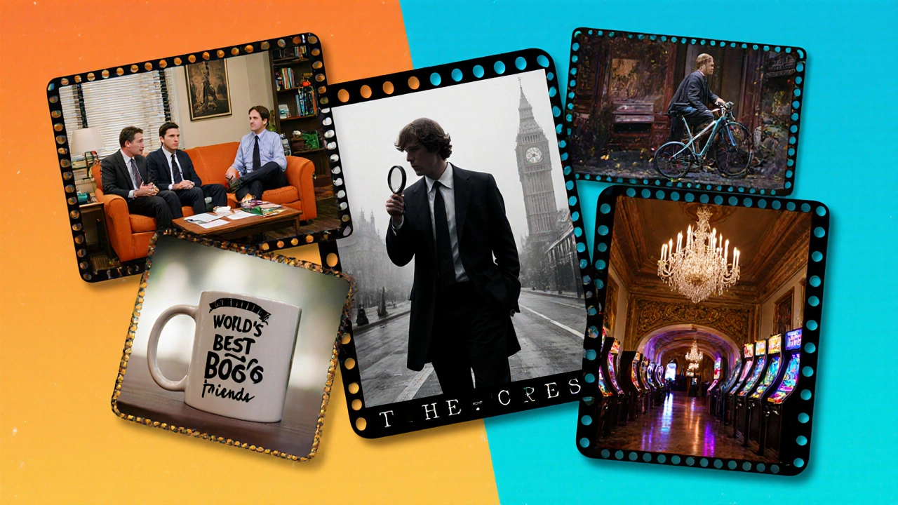 Collage of visual cues from Friends, The Office, Sherlock, Stranger Things, and The Crown.