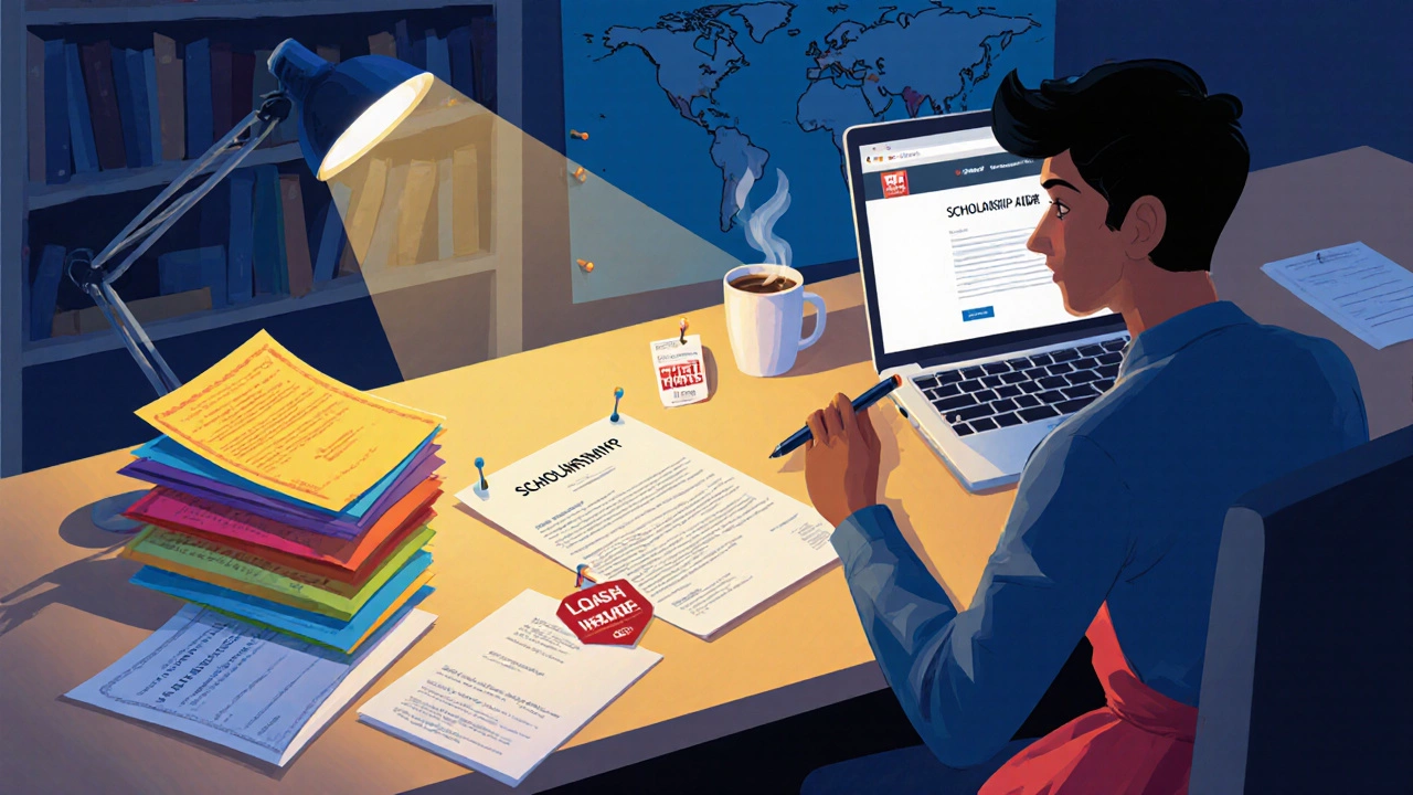 Desk with scholarship letters, grant certificate, loan papers, and part‑time work badge.