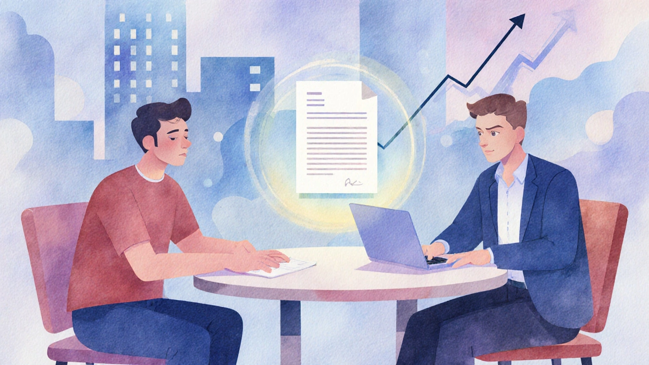 Developer and manager discussing a contract, symbolizing salary negotiation.