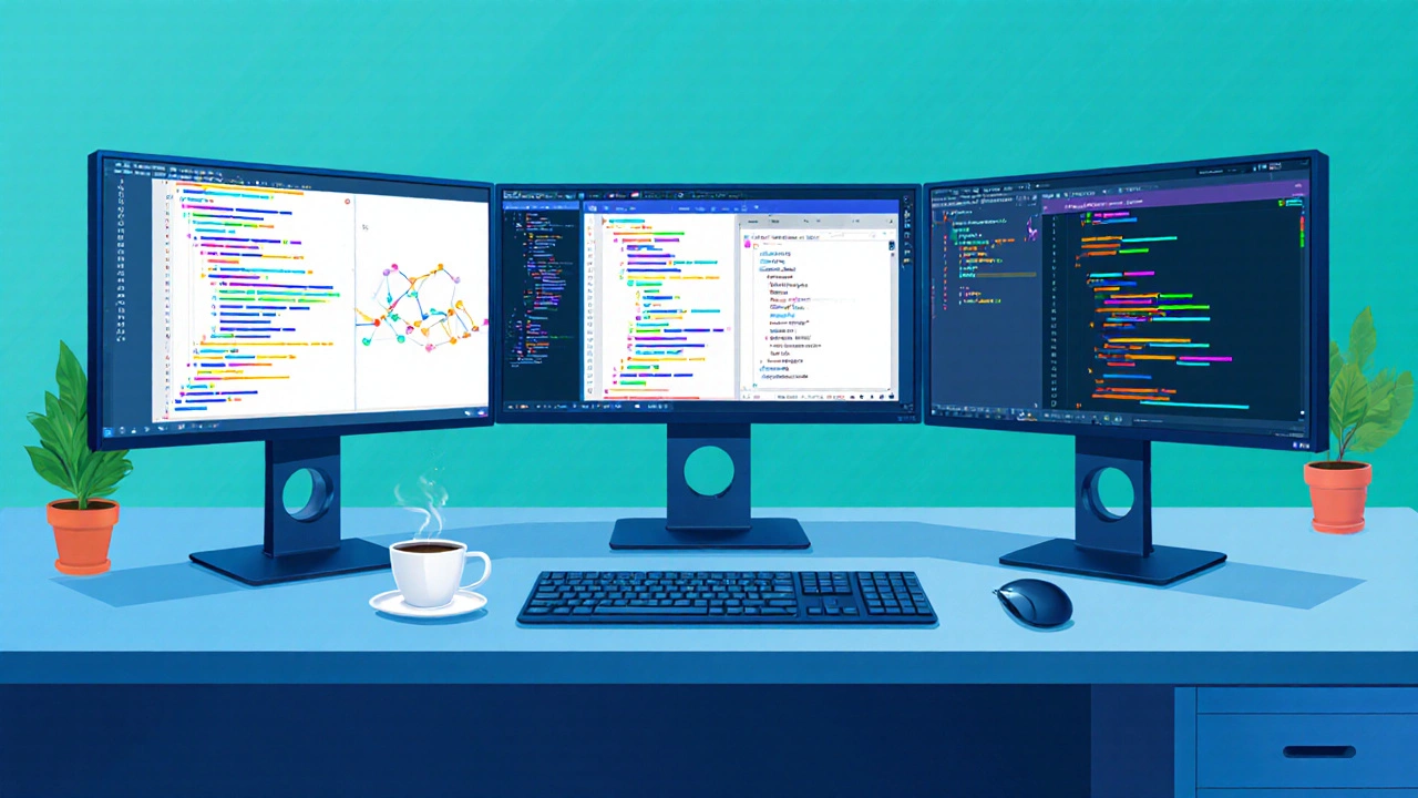 Developer at a desk with three monitors showing Python data analysis code, JavaScript web app code, and Java/C# enterprise code.