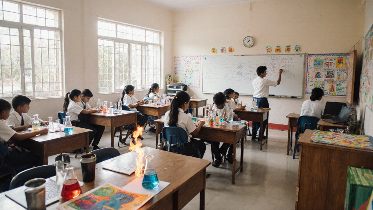 Diverse CBSE classroom showing math, science lab, coding, and arts activities.