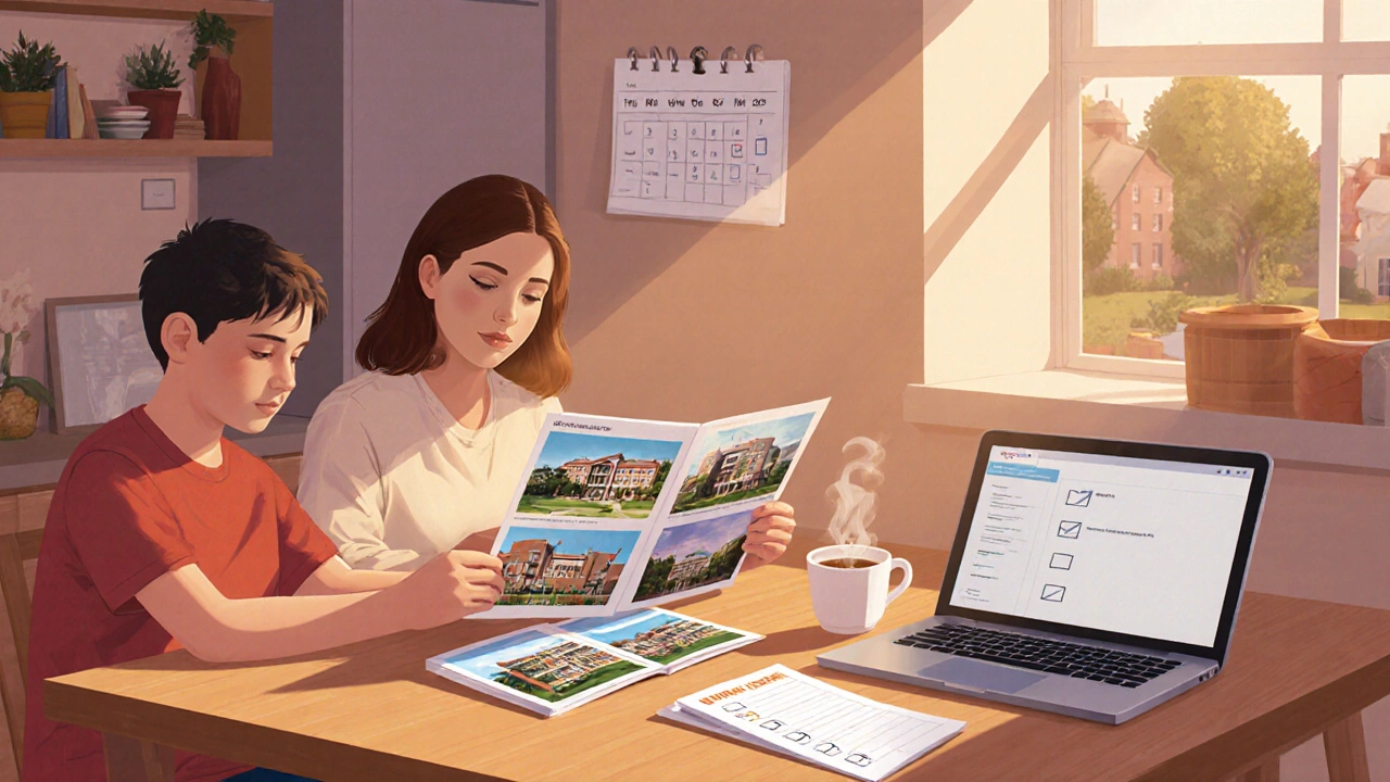 Family at a kitchen table reviewing school brochures and a checklist, warm afternoon light.