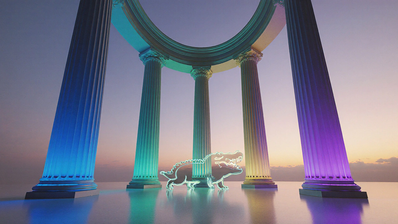 Five glowing pillars representing UF Online's strengths forming a solid structure.