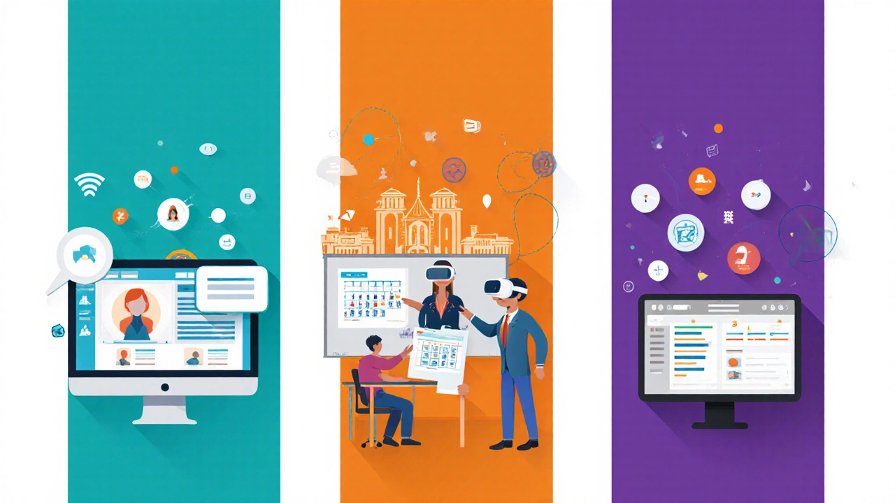 Five‑panel illustration of laptop webinar, smartphone lessons, VR campus, blended classroom, and corporate LMS.