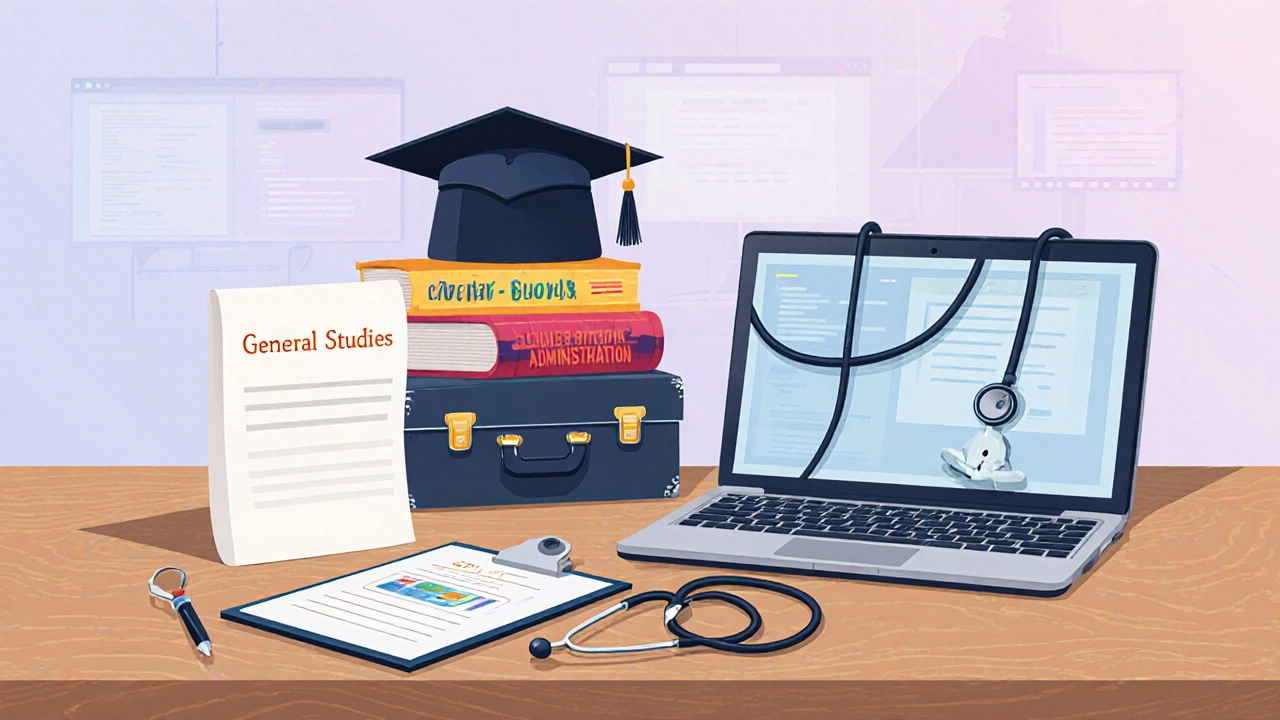 Flat‑lay of five objects symbolizing easy online degrees.
