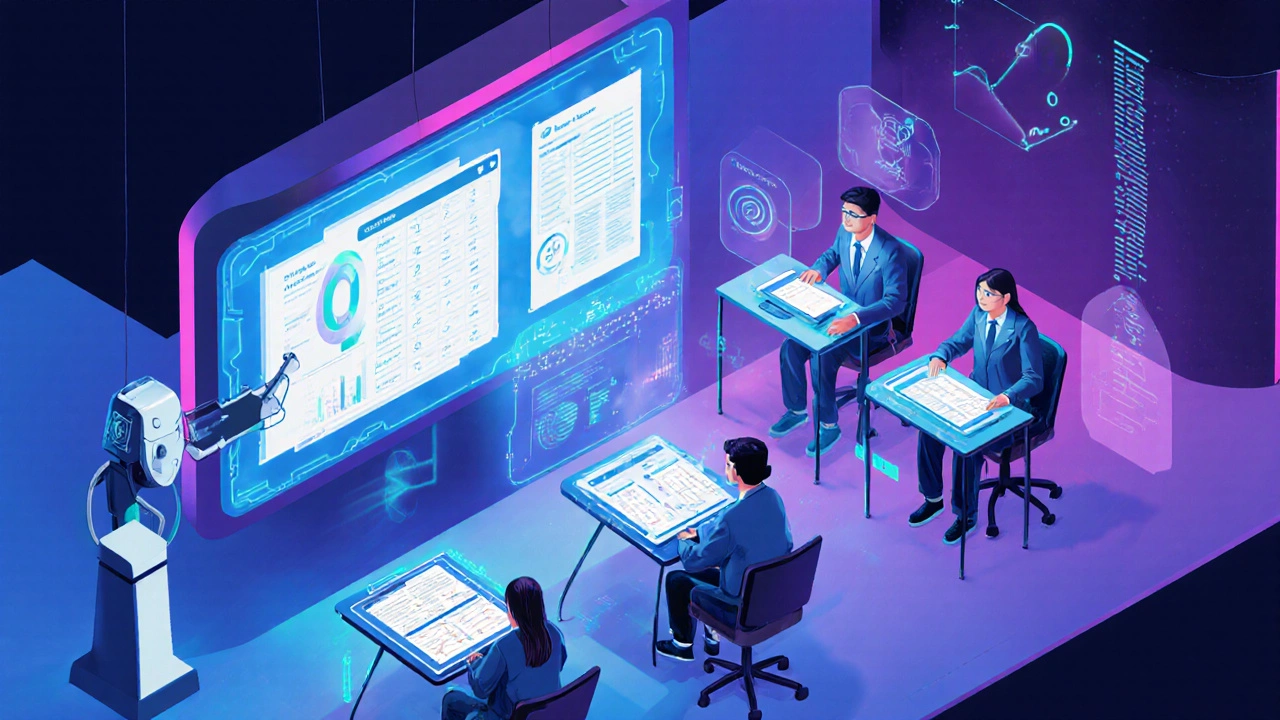 Futuristic exam hub with AI grading, digital tablets, and inclusive support.
