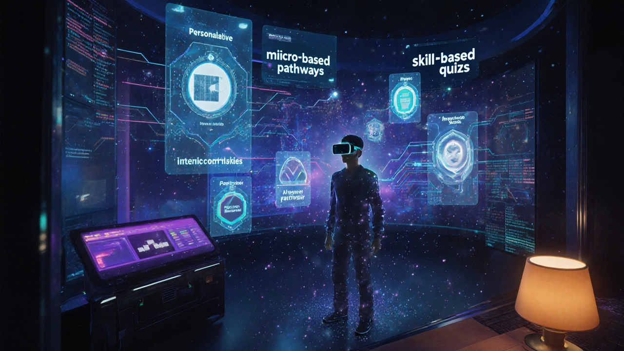 Futuristic hub with holographic AI‑driven learning pathways and micro‑credential badges.