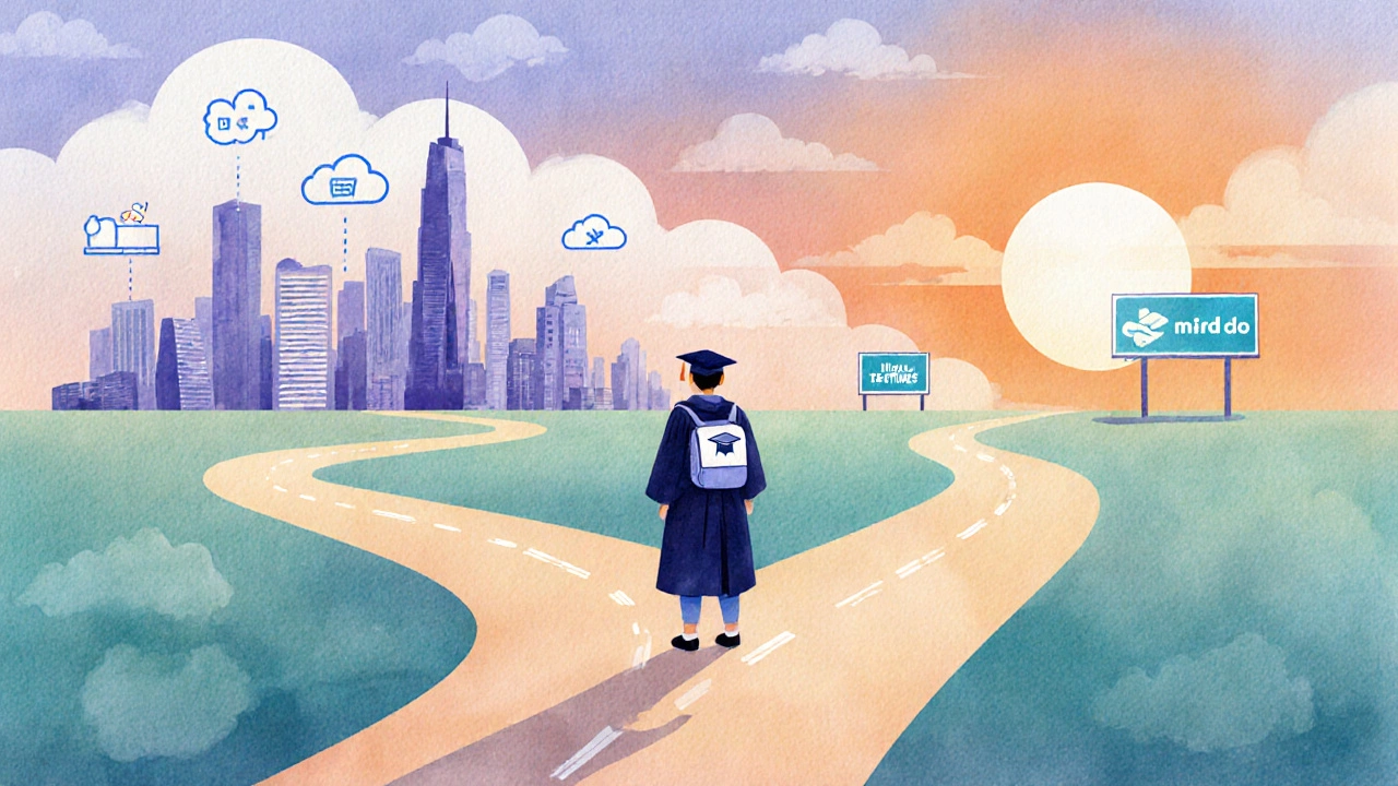 Graduate at a sunrise forked path choosing between tech and creative career routes.