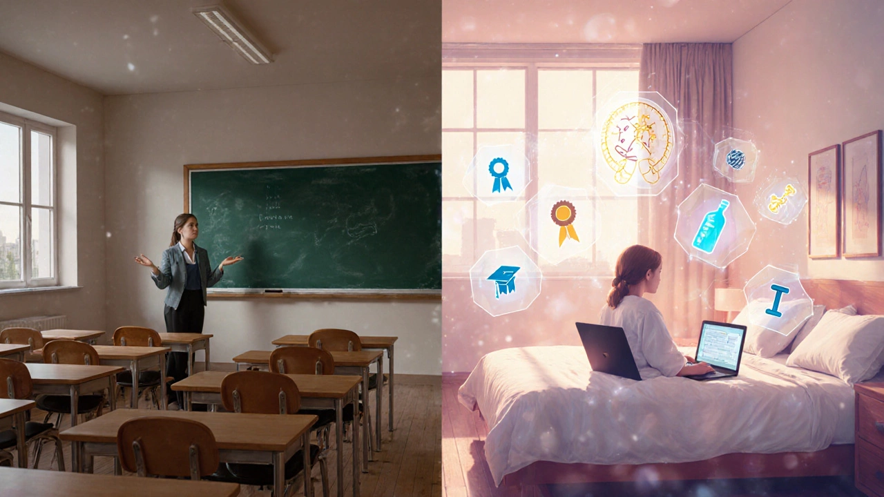 Half classroom, half bedroom showing hybrid offline‑online learning.