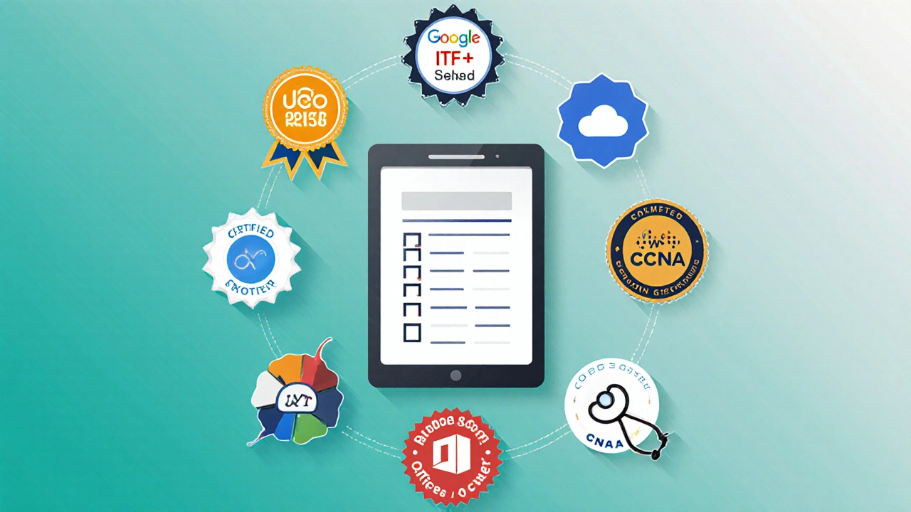 Illustrated tabletop with eight different certification badges arranged around a tablet.