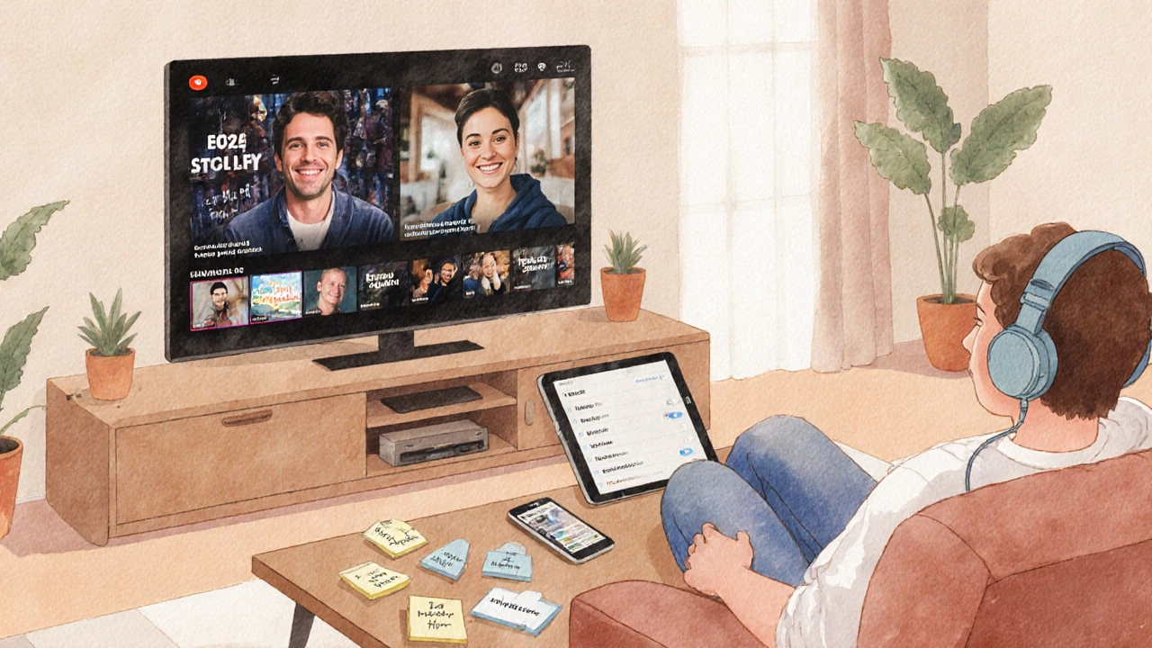 Living room with TV series, headphones, and language‑exchange video call.