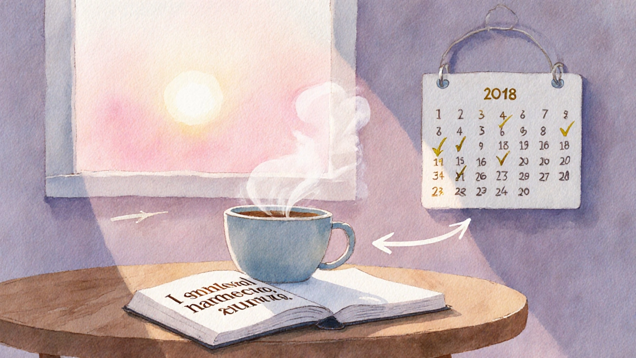 Morning scene with coffee, a language headline, and a 30‑day habit loop calendar.