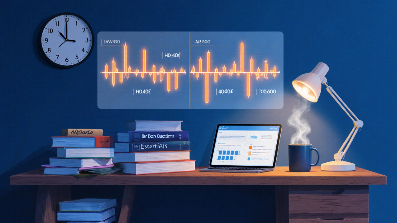 Night study desk with nursing book, law textbook, tablet, lamp, and progress bar overlays.
