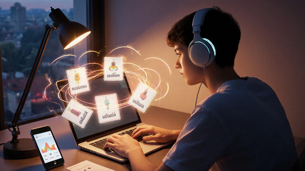 Person using headphones, flashcards and a game screen, neural pathways lighting up.