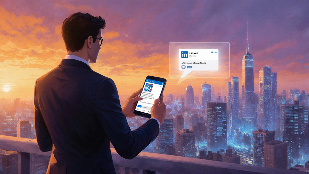 Professional on a balcony holding a phone showing a new certification and a job offer email.