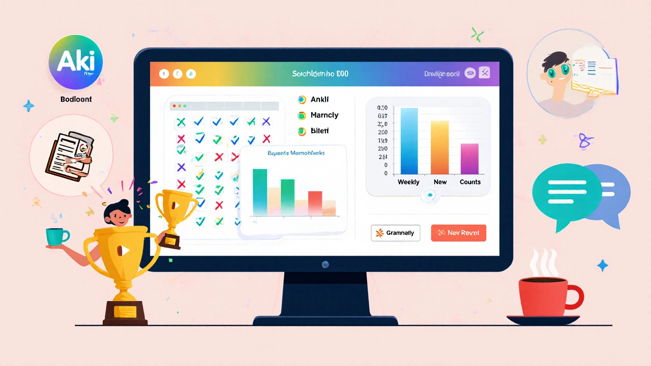 Progress dashboard with calendar, graph, and celebratory learner.