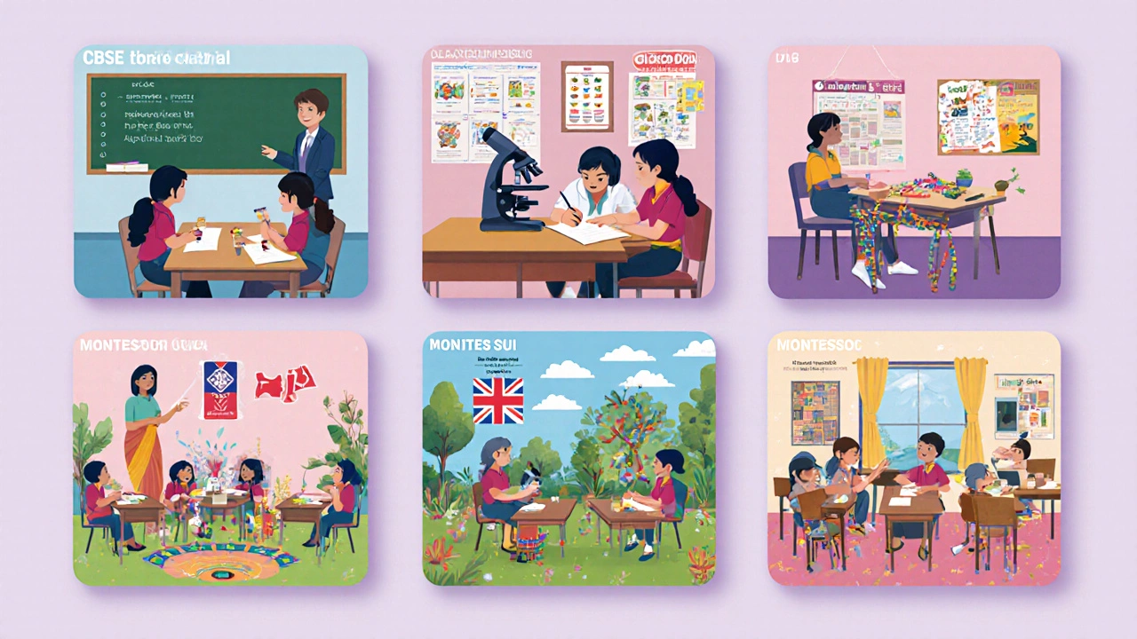 Series of classroom vignettes showing CBSE, ICSE, State Board, IB, Cambridge, Montessori, Waldorf styles.