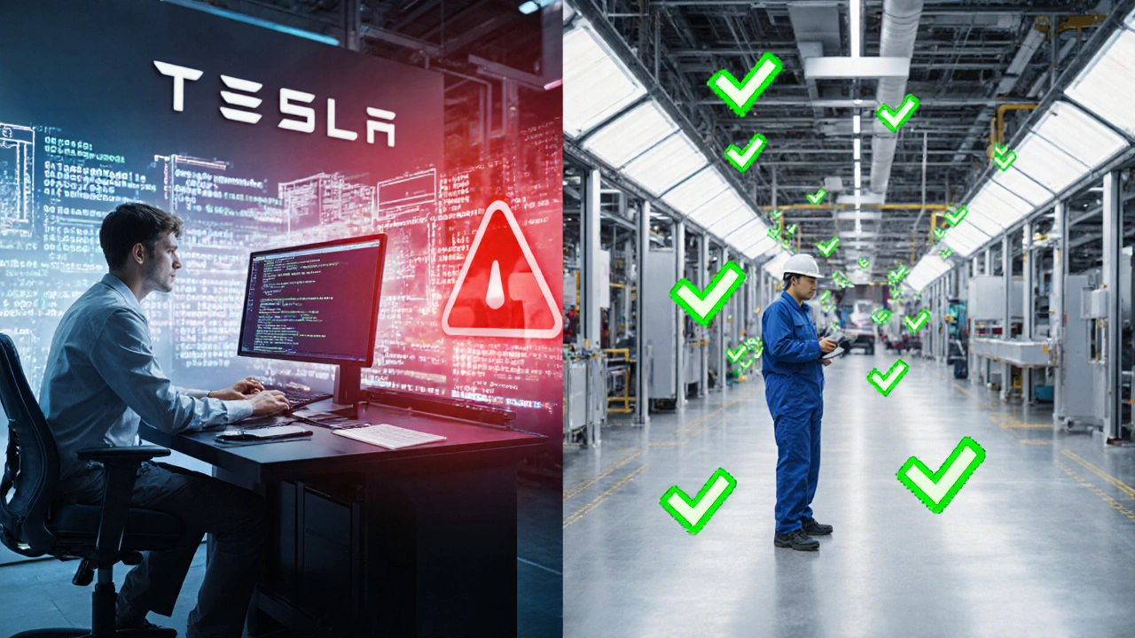 Split illustration comparing software engineer with strict checks and assembly worker with lenient screening.