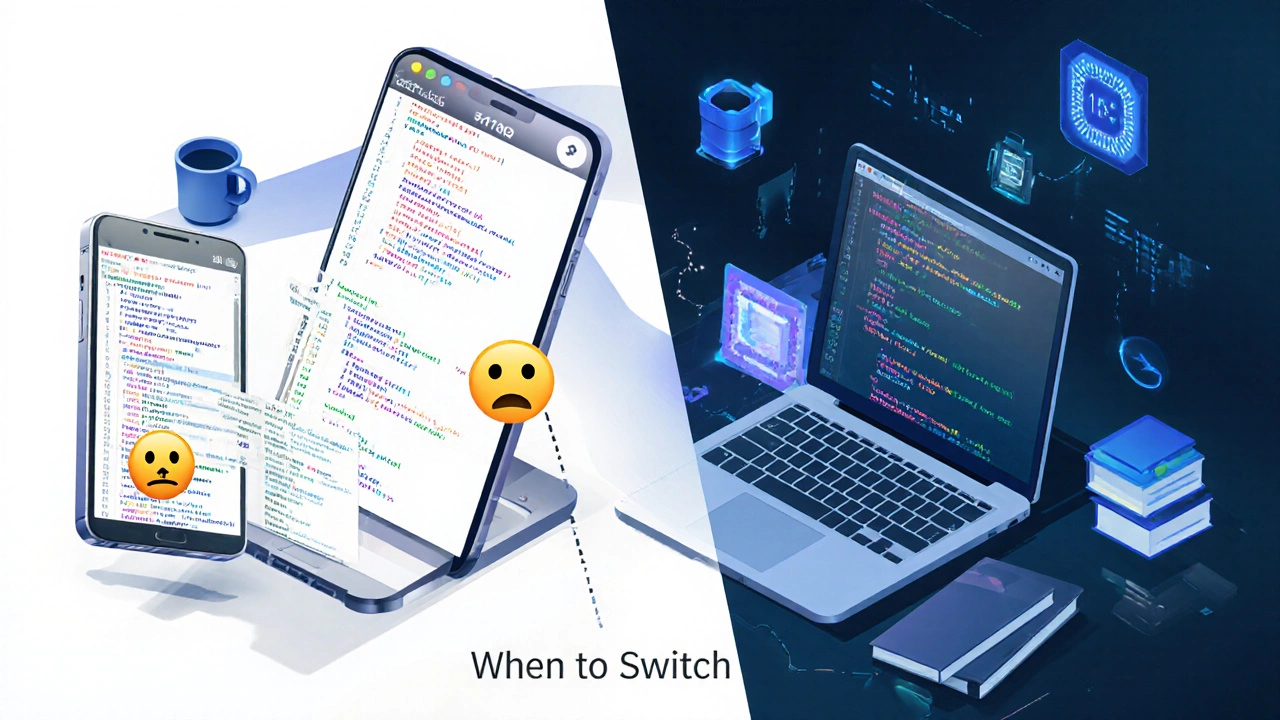 Split‑scene showing phone struggling with heavy compile vs laptop handling it easily.