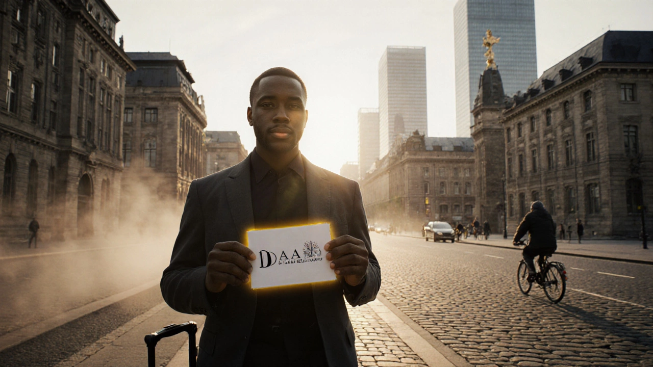 Student in Berlin holding a DAAD scholarship envelope beside historic university building.