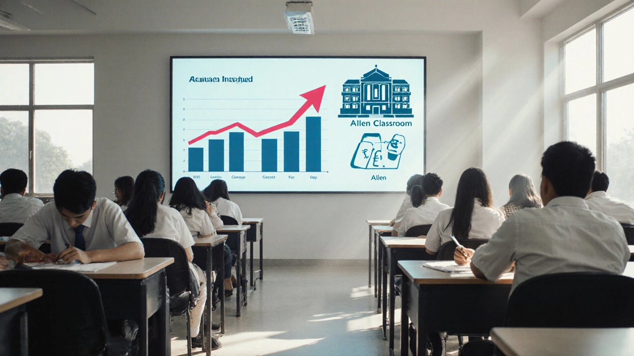 Study hall with students and a wall display of success, fees, and mode icons.