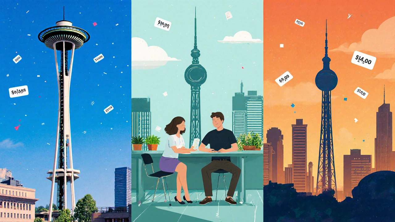 Three city skylines with developers, showing how location affects pay.