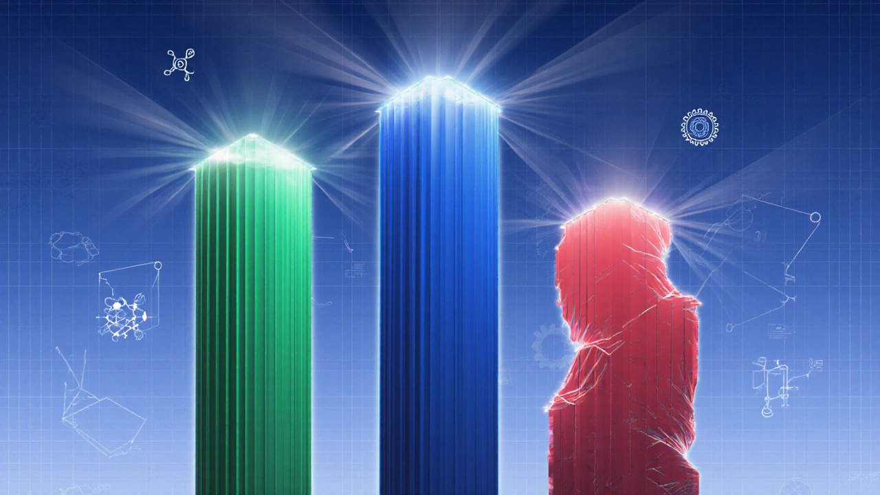 Three pillars symbolizing physics, chemistry, and mathematics with differing heights and textures.