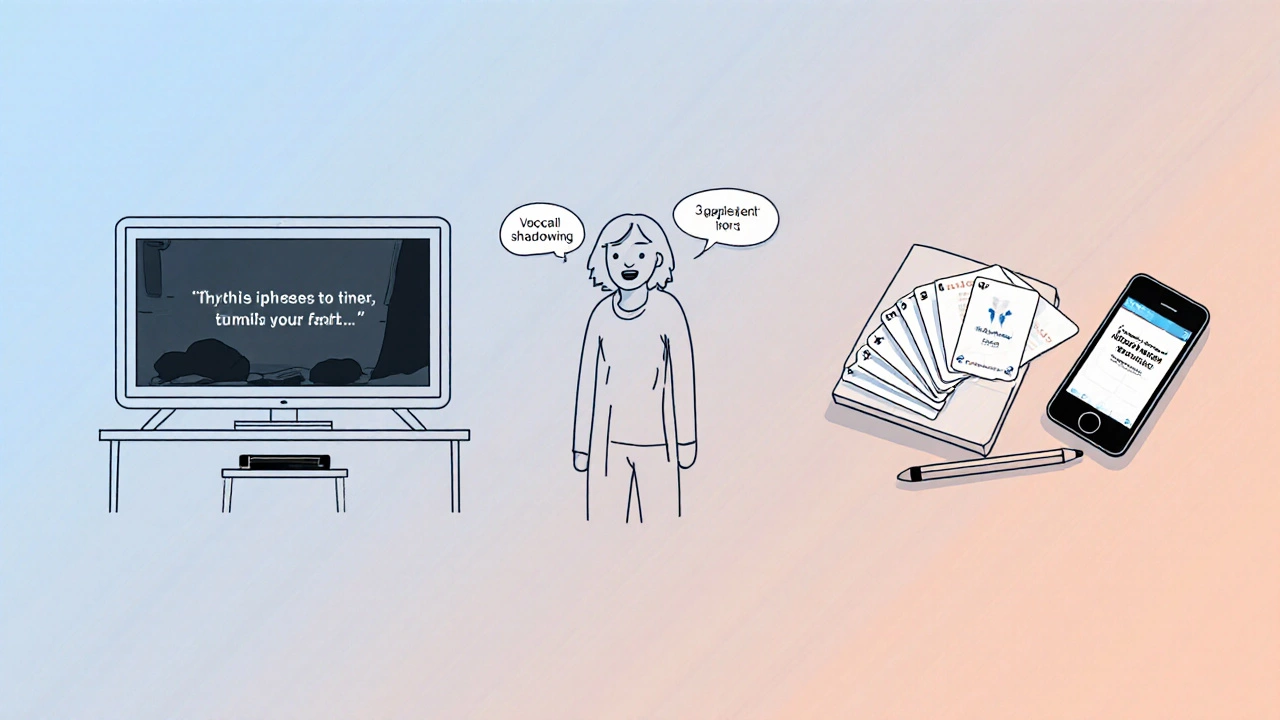 Three‑step learning illustration: watch TV, shadow dialogue, take notes with flashcards.