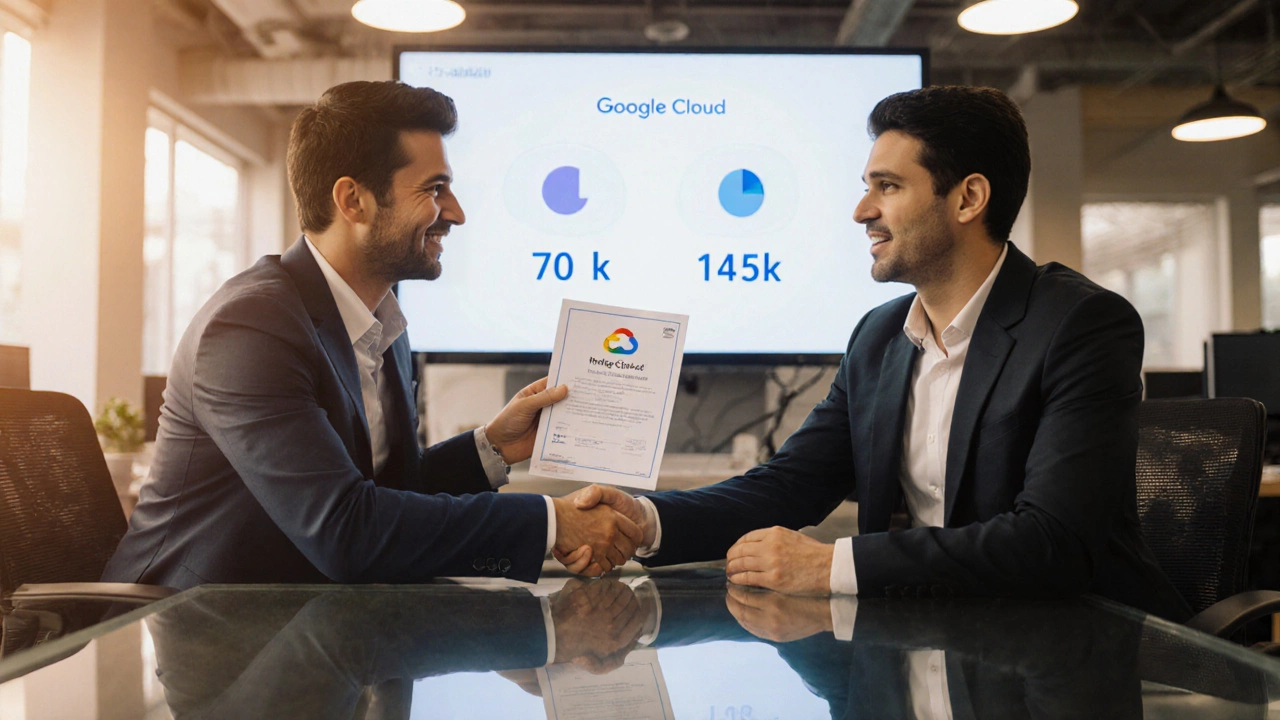 Two professionals shaking hands in a co-working space, one holding a cloud certification, salary chart visible in background.