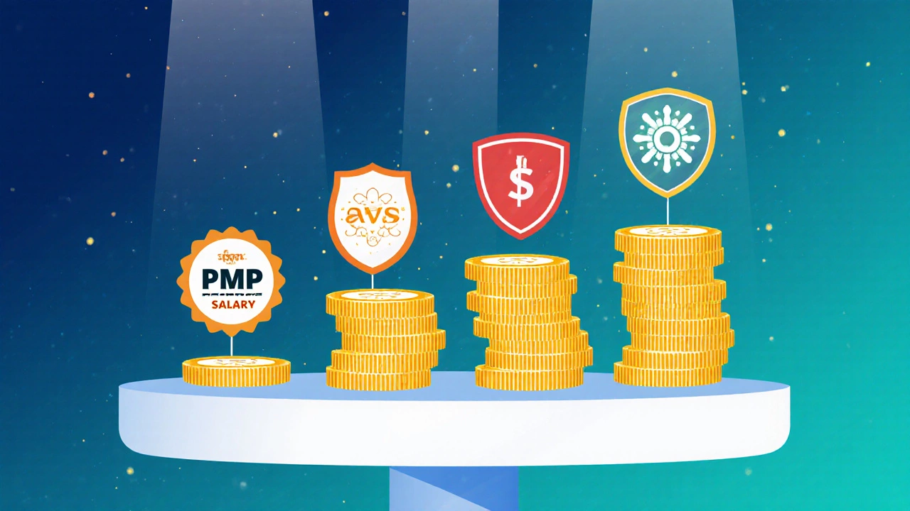 Vector badges of six courses with gold coin stacks showing salary differences.