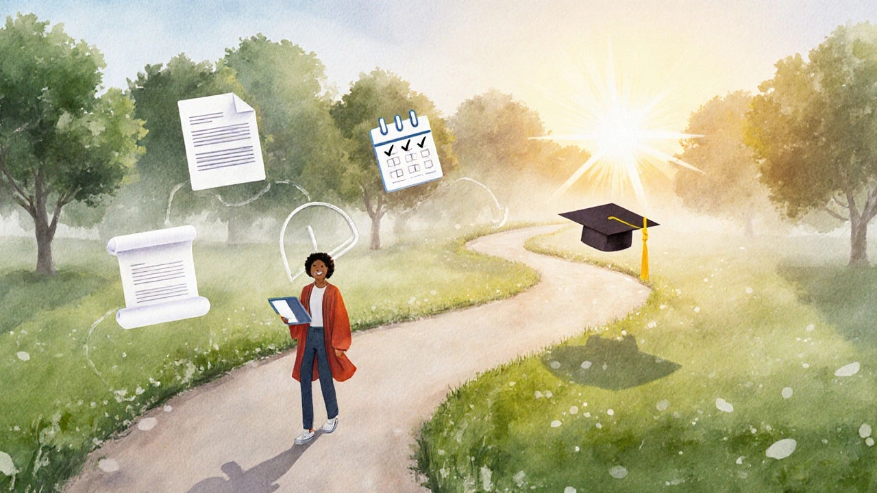 Watercolor path showing steps from application to graduation.