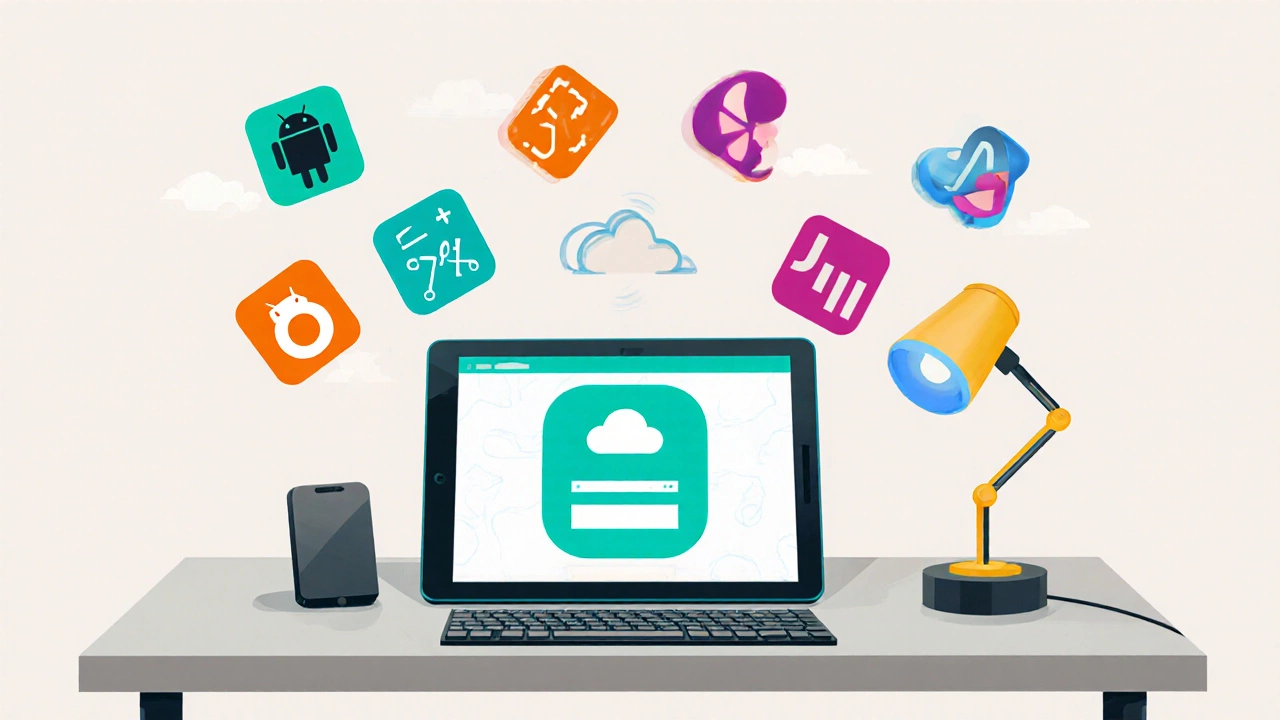 Workspace illustration with mobile coding apps icons around a tablet and keyboard.