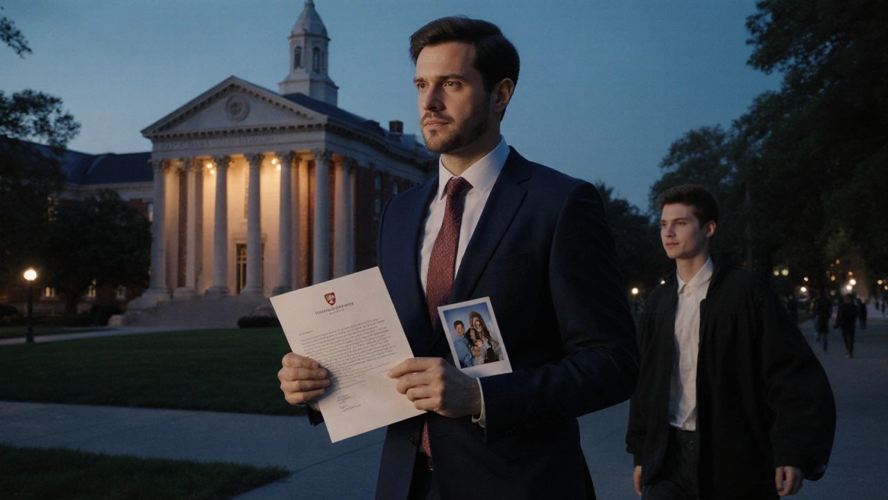 A 36-year-old applicant walking on Harvard campus at dusk, holding an acceptance letter and a family photo.