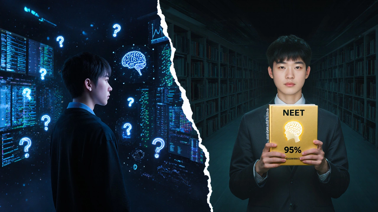 A conceptual split image showing data-driven learning on one side and minimal study material on the other, both leading to a top NEET rank.