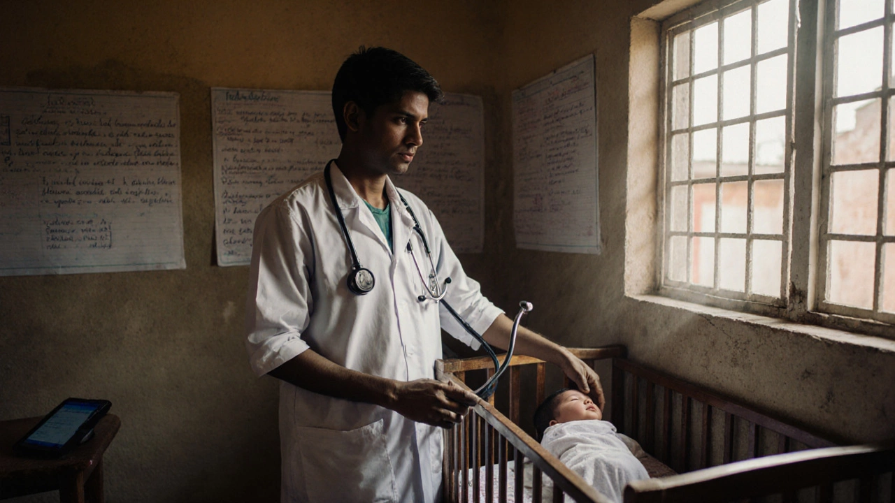 A doctor in a rural clinic holding a newborn, with a telemedicine tablet and natural light.