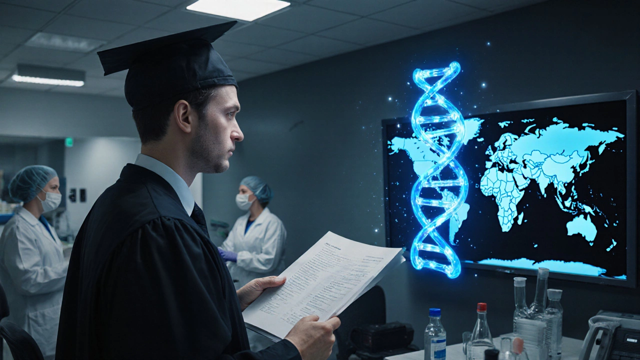 A healthcare MBA graduate analyzing clinical trial data beside a DNA visualization in a pharmaceutical lab.