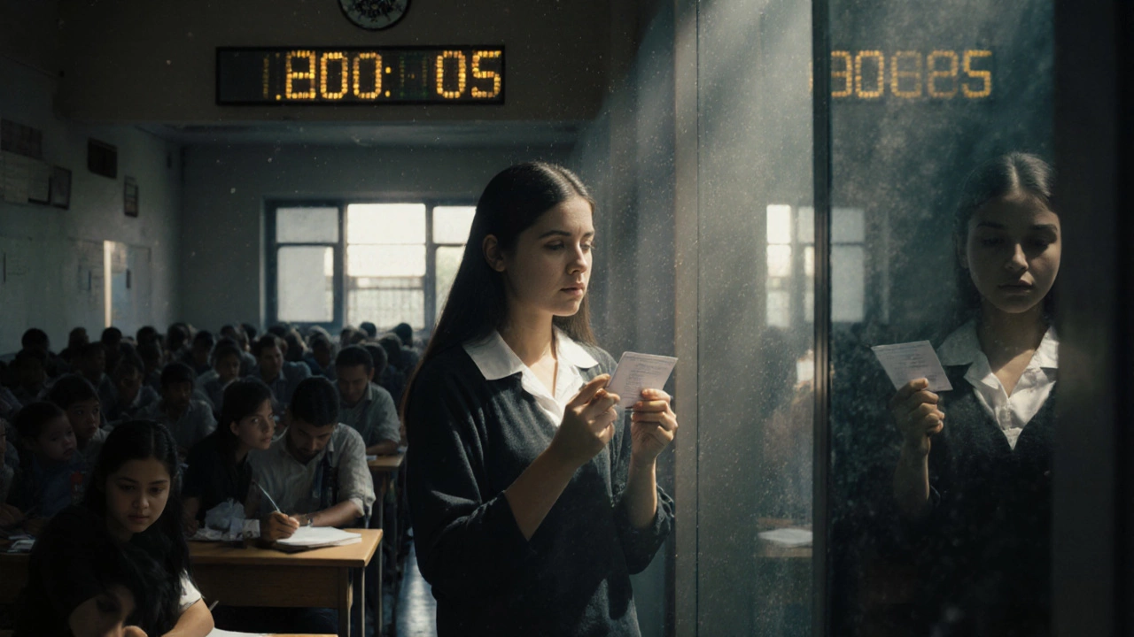 A lone student in an exam hall, staring at a countdown clock as others sit in silent tension.