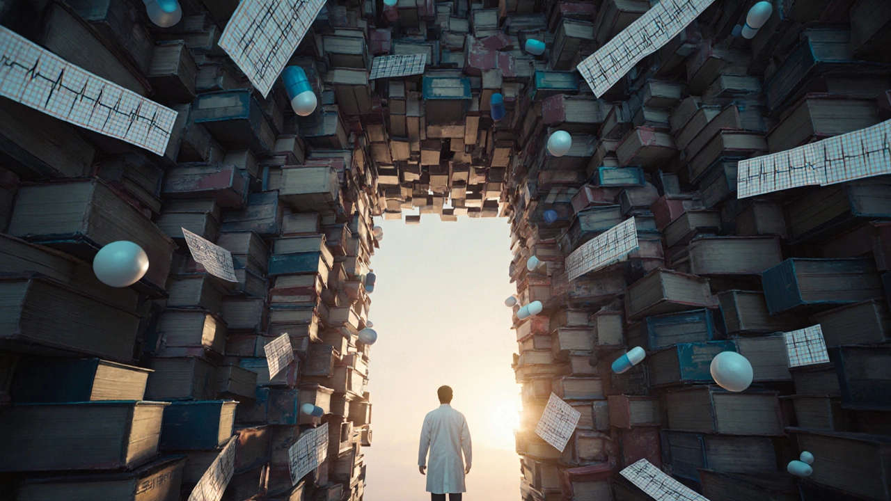A massive gate made of medical books and symbols with a lone figure approaching at dawn.