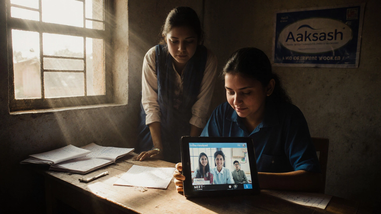 A student in a small-town center using a tablet for live NEET coaching, with sunlight and books on the desk.