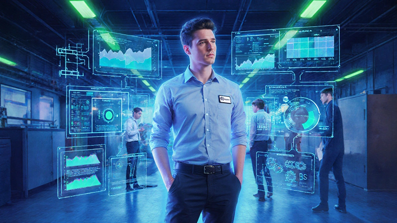 A tech product manager collaborating with engineers using holographic data interfaces in a modern lab.