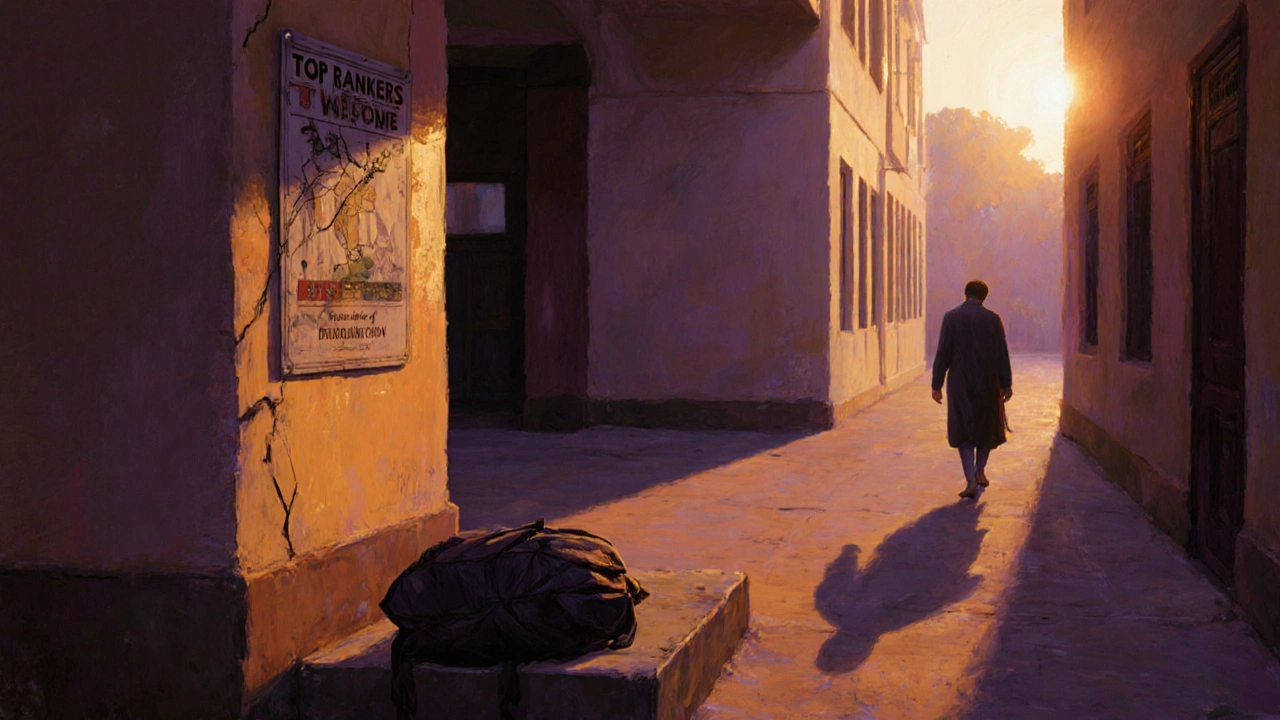 An abandoned backpack on steps outside an elite institute at sunset, symbolizing burnout and loss.