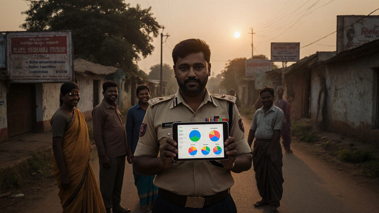 An IAS officer in a village at dawn, showing data on a tablet to smiling locals.