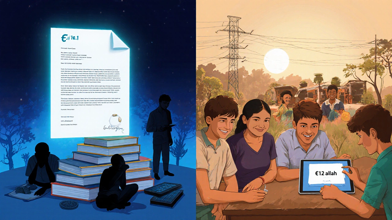 Contrasting scenes: one of a high-paying tech offer, another of students building solar grids in a village.