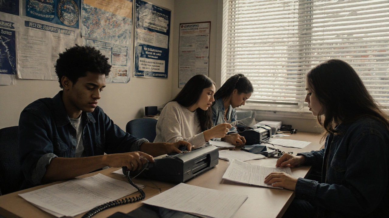 Diverse college students working part-time at a federal agency desk.